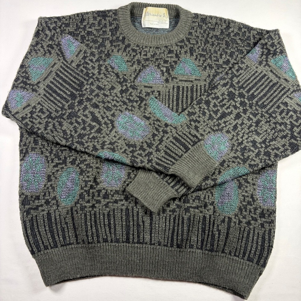 Alessandro B. Sweater Vintage Abstract Geometric Knit Italy Grandpa Core Mens XL